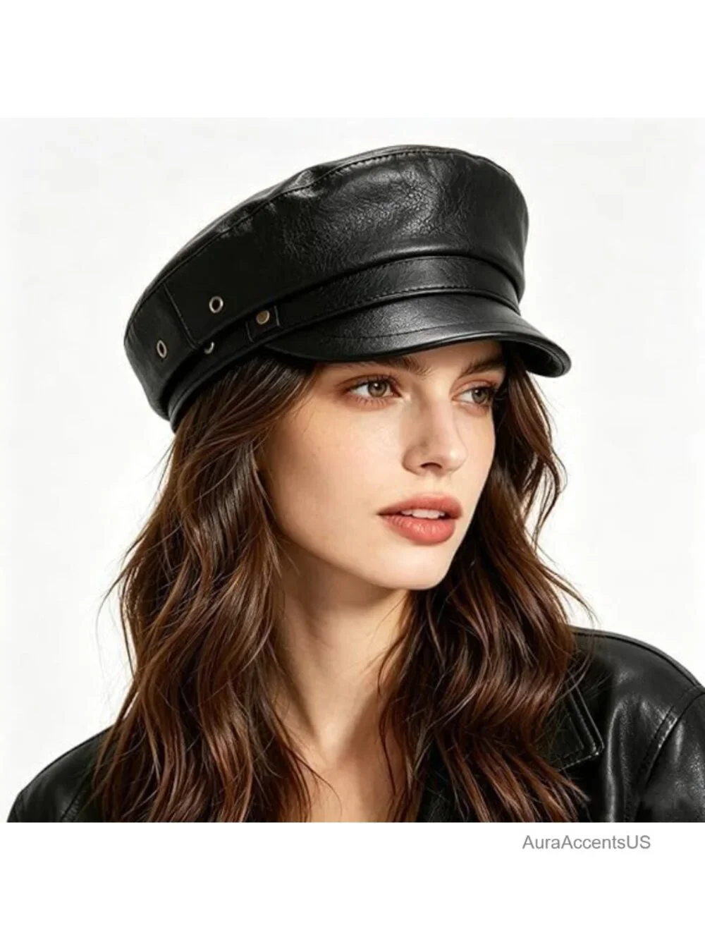 PU Leather Newsboy Cap Adjustable Faux Leather Hat Women Biker Baker Boy